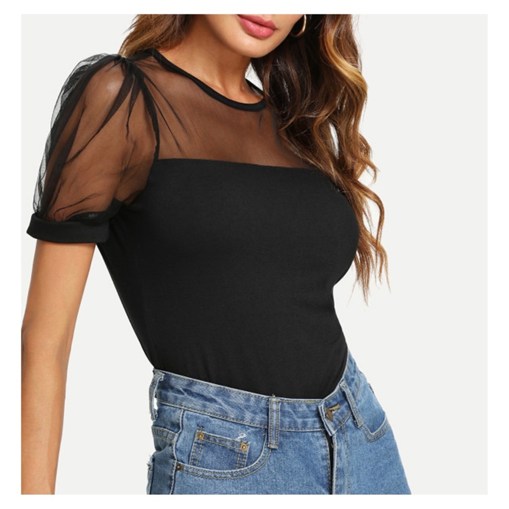 Black Short Sleeve Mesh Neckline Tee - Picture 4 of 5